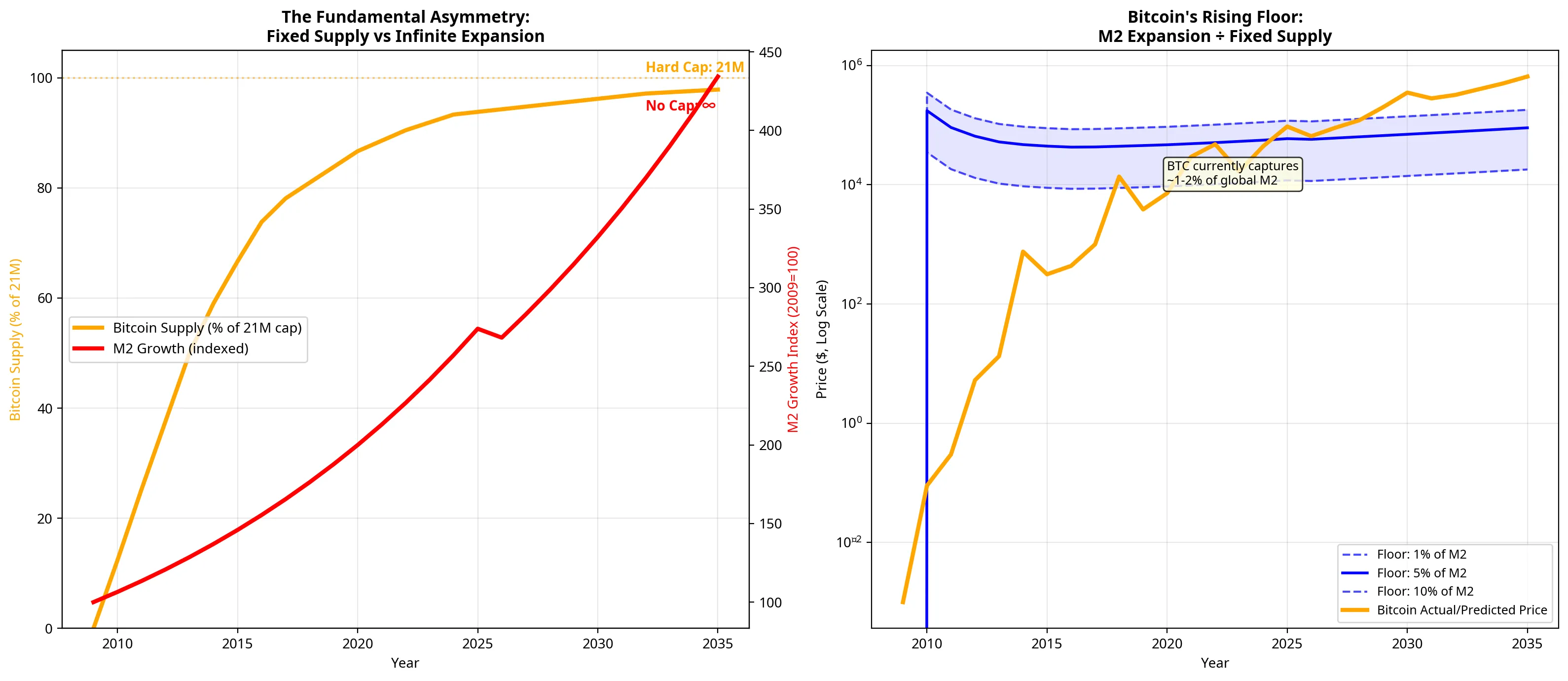 Chart showing the Bitcoin price floor model driven by M2 money supply expansion projections to 2035