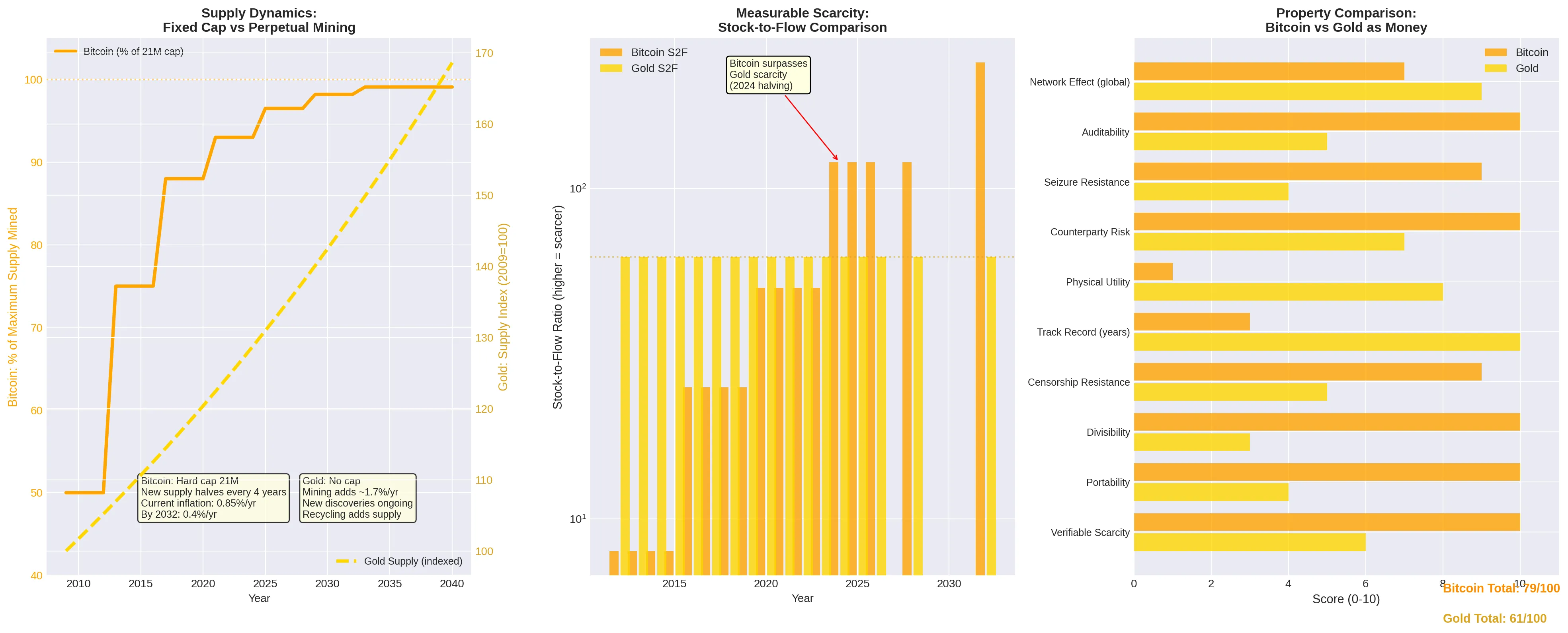 Comparative chart of Bitcoin versus gold performance when both are adjusted for M2 money supply growth